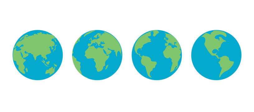Earth Globe different sides. Planet hemispheres with continents. World map. Globes web icon. Vector illustration isolated on white background.