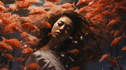 Fototapeta na wymiar a woman close her eye under water feel calm and peaceful surround with goldfish swimming around, Generative Ai 