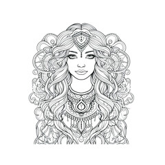 Boho style hippie only one girl coloring page for adults, simple coloring page, cartoon style