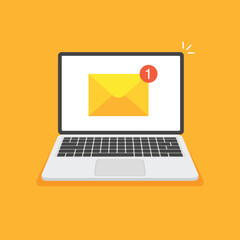 New unread mail notification on a screen laptop. Yellow envelope on computer display. Incoming messaging on inbox. Vector illustration in modern flat style.