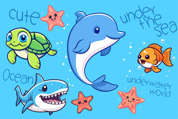 Vector cartoon of cute sea and ocean animals in sea nature background. Underwater inhabitants include shark, turtle, dolphin, fish, starfish.
