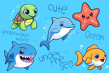 Sea and ocean animals vector cartoon - cute underwater inhabitants in sea nature background. Shark, turtle, dolphin, fish, starfish illustration.
