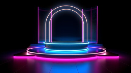 Round glowing podium with an arch with neon lights