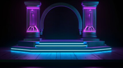 glowing podium with an arch with neon lights