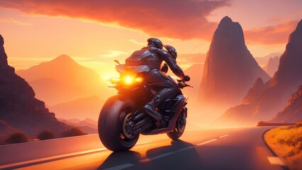 Man riding a futuristic motorcycle into the sunset with mountains on both sides of the road