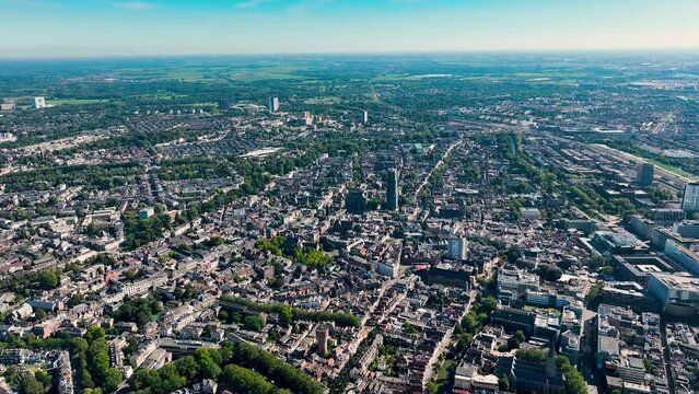 Aerial view of City of Utrecht, The Netherlands, with the Dom tower