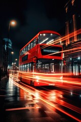 London double decker red bus hurtling through the street of a city at night. Generation AI