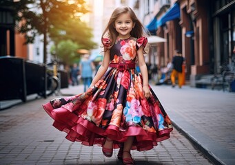 Asian girl wearing flower blossom pattern dress walking happily on city street, Generative Ai