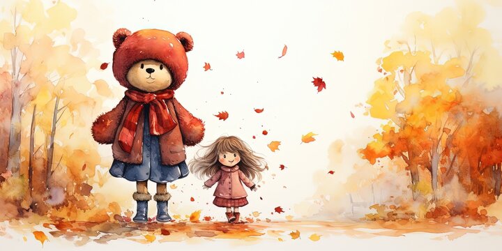 watercolor style illustration of cute little girl play with teddy bear in autumn forest, Generative Ai