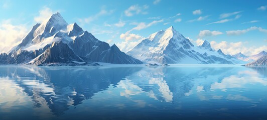 beautiful ice glacier river with snowy mountain nature scenery background, Generative Ai