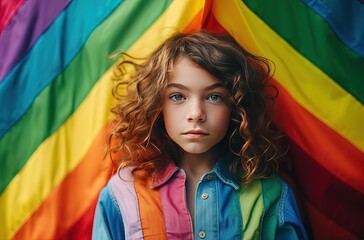 young girl with rainbow flag as background, theme concept of children rights, gender context rights and child in LGBTQ family, Generative Ai