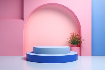 3d display product with geometric podium platform pedestal vaporwave pink funky scene