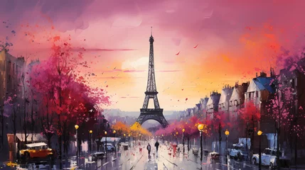 Abwaschbare Fototapete Orange From Paris with love Eiffel tower view from champs de mars Painting abstract Cityscape Vivid Magenta colors with romantic touch of love Valentine’s poster print illustration background Generative AI