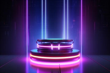3d display product with geometric podium platform pedestal cyberpunk cyber neon futuristic scene