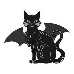 A black cat is sitting with green eyes and wings. Cute animal. Vector illustration.