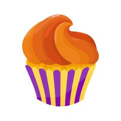 A cupcake with orange frosting on top. Sweet holiday baked goods. Vector illustration.