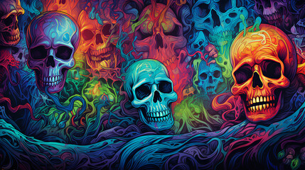 Skull illustration backgrounds with psychedelic colors for Halloween. Colorful skulls. Creative backgrounds with a lot of color of skulls.