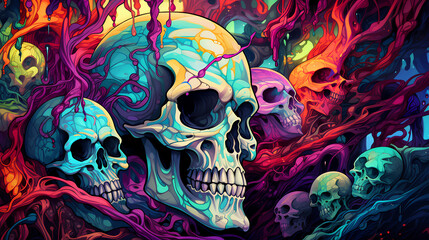 Skull illustration backgrounds with psychedelic colors for Halloween. Colorful skulls. Creative backgrounds with a lot of color of skulls.