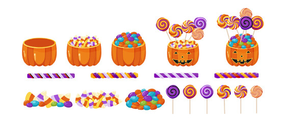 Fototapeta premium Halloween sweets set with pumpkins, candies and lollipops. Vector illustration.
