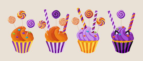 A set of cupcakes with candy and lollipops. A collection of cute Halloween desserts. Cartoon sweets clipart for menu, greeting card, party invitation. Vector illustration. 