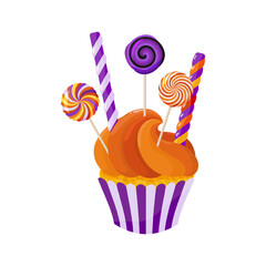 A cupcake with candy and lollipops. Decorated Halloween dessert. Cartoon sweets clipart for menu, greeting card, party invitation. Vector illustration.