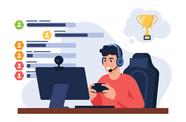 Vector illustration of a guy in headphones holding a joystick and playing a computer game isolated on white background. Cartoon scene with a boy streamer playing an online game, reaching levels.