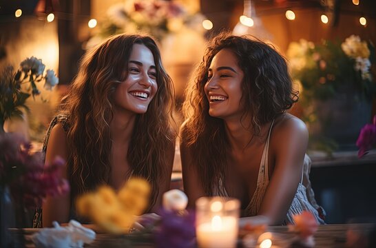 two girls smiling sitting together in  romantic flower garden, idea for best friend and LGBTQ lover, Generative Ai