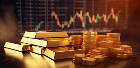 gold bar with gold coins with investment chart background, Generative Ai