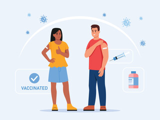 Vector illustration of vaccinating people. Cartoon scene with boy and girl getting vaccinated against Covid - 19, flu, viruses and infections with plasters on hands, syringe and bottle of vaccine.