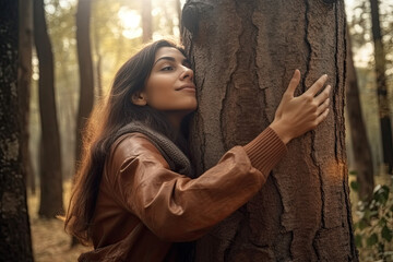 Conscious Environment: Young Woman Hugging a Tree in the Forest
