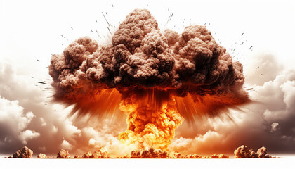 Explosión de bomba atómica aislada sobre fondo blanco.
Fuego, llamas y nubes en forma de hongo.Ai generado.