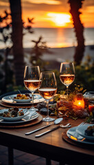 Elegante mesa de restaurante en jardín pintoresco de exterior.Tapas y aperitivos, canapés variados en la mesa con copas de vino. Luz tenue al atardecer y ambiente romántico. Ai generado.