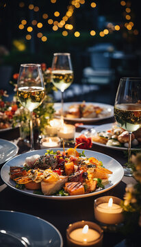 Elegante mesa de restaurante en jard&iacute;n pintoresco de exterior.Tapas y aperitivos, canap&eacute;s variados en la mesa con copas de vino. Luz tenue al atardecer y ambiente rom&aacute;ntico. Ai generado.