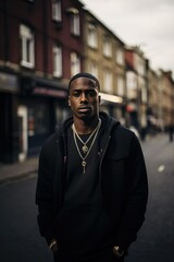 Fototapeta premium young black male in urban setting wearing gold chain. Generative AI