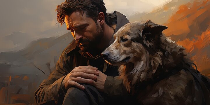 painting style illustration of a man sitting with his dog at mountain peak, Generative Ai
