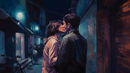 Young couple kissing on a alley, Generative AI illustrations
