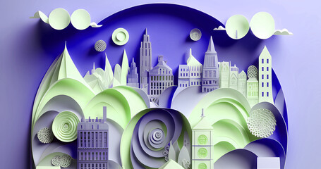 3d abstract paper cut city wallpaper. Modern origami art