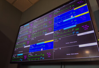 Hospital monitor displays vital signs: heart rate, blood pressure, EKG, and oxygen levels,...