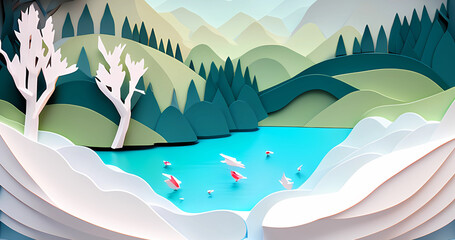 Fototapeta na wymiar Beautiful origami style 3d landscape background. Modern nature art