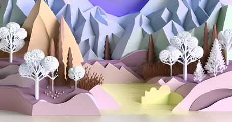 Beautiful origami style 3d landscape background. Modern nature art