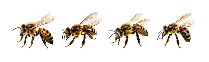 Set of isolated honey bees on transparent background. A stunning bee is flying, macro.