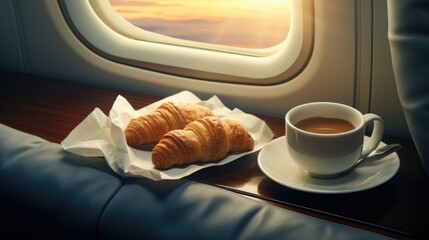 Cup of fresh coffee and croissant, served on a business class seats, in an airplane. Generation AI