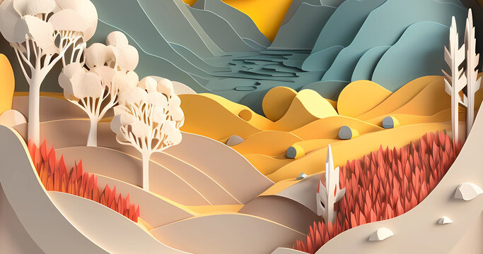Beautiful origami style 3d landscape background. Modern nature a