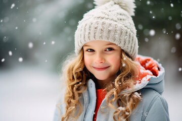 Adorable blond hair girl casual portrait in the snow