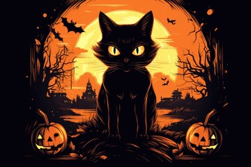 Black cute adorable cat cartoon pet character furry funny mysterious kitty animal at Happy Halloween spooky scary fantasy evil kitten on background. Party invitation promotion. Copy space.
