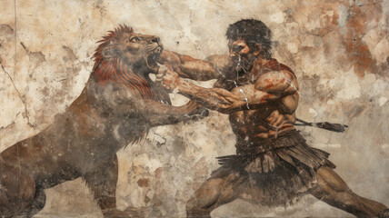 Wall painting of Hercules and lion like Ancient Greek and Roman art © Natalya