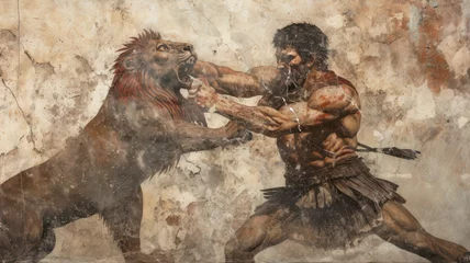 Fototapeten Wall painting of Hercules and lion like Ancient Greek and Roman art © Natalya