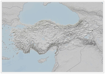 The relief map of Turkey presents the geographical details and surface texture in detail.