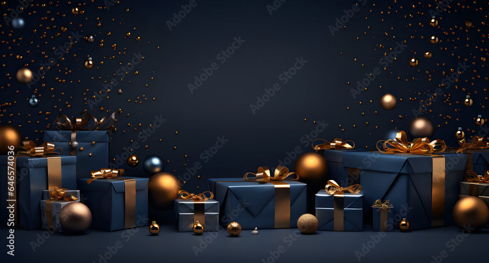 Wall mural christmas decorations and gifts scattered in blue on a dark background, in the style of shaped canvas, dark gold and dark blue, contemporary candy-coated