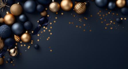 a blue and gold christmas card background., in the style of playful compositions, dark navy, 3d, aerial view, shaped canvas, colorful still lifes, wrapped